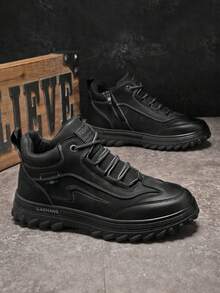 Men's Fashion Cargo Style Style Versatile High-Top Boots, Lace-Up PU Leather Non-Slip Thick Sole, Outdoor Personalized Daily Commute Versatile Boots - Black - View 1