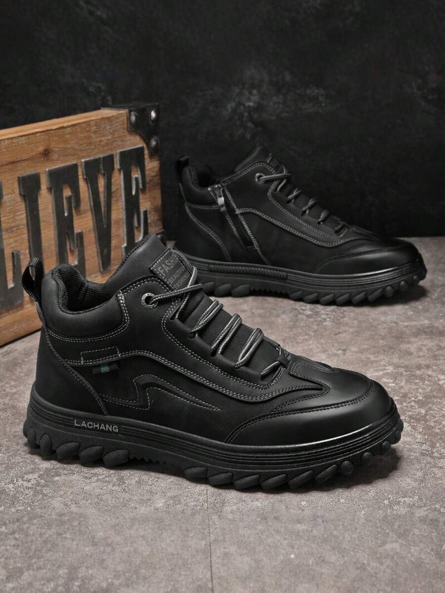 Men's Fashion Cargo Style Style Versatile High-Top Boots, Lace-Up PU Leather Non-Slip Thick Sole, Outdoor Personalized Daily Commute Versatile Boots - Black - View 1