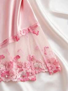 Women's Pink V-Neck Embroidered Spaghetti Strap U-Back Sweet Cute Lingerie Nightgown Silky Glossy Sexy Satin Silk Loungewear Autumn - Pink - View 7