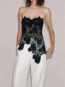 Elegante blusa en forma de tubo sin tirantes con encaje floral femenino y corsé ajustado con vieiras transparentes para citas nocturnas y calles nocturnas - Negro - Ver 1