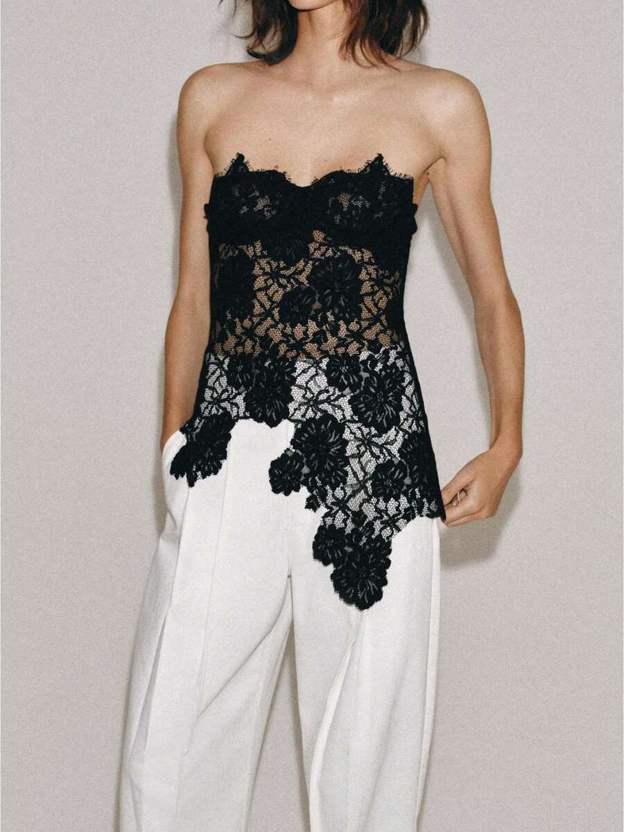 Elegante blusa en forma de tubo sin tirantes con encaje floral femenino y corsé ajustado con vieiras transparentes para citas nocturnas y calles nocturnas - Negro - Ver 1