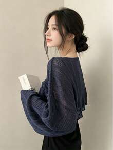YCYC Women's Tops Korean Style Gentle Design Drawstring Soft Knit Sweater - Navy Blue - View 3