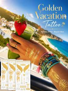 Gold Metallic Temporary Tattoo Stickers For Women, Boho Feather Wing Arrow & Geometric Designs, Shiny Waterproof Long Lasting Body Tattoos For Beach, Vacation, Festival, Party & Summer Style - Multicolor - View 8