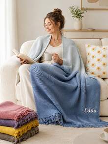 1PC Customizable Text Embroidered Gradient‑Tone Knit Blanket, Ombre‑Dyed Textured Throw Blanket In 4 Available Hues, Finished With Tassel Fringe Border, Decor Item For Bedroom Couch Sofa, Suitable Holiday Gift For Various Household Family Members - Multicolor - View 8