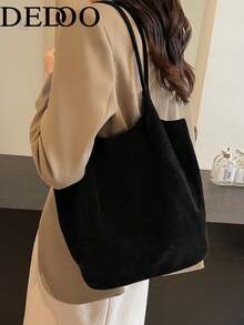 Dedoo 麂皮水桶托特包 純色雙長肩帶 大容量復古單肩包 女款 秋冬通勤旅行用 - 黑色 - 查看 5