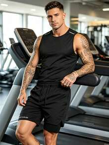 Men's Sports Tank Top Mesh Pullover Round Neck Reflective Print Sports Shorts Set Running Fitness Workout Outfit - Black - View 5