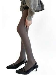 1 Pair Women's Grey Vertical Striped High Elasticity Slightly Sheer Soft Vintage Style Pantyhose, Suitable For Spring/Autumn Daily Commute And School Style Outfits - Multicolor - View 4