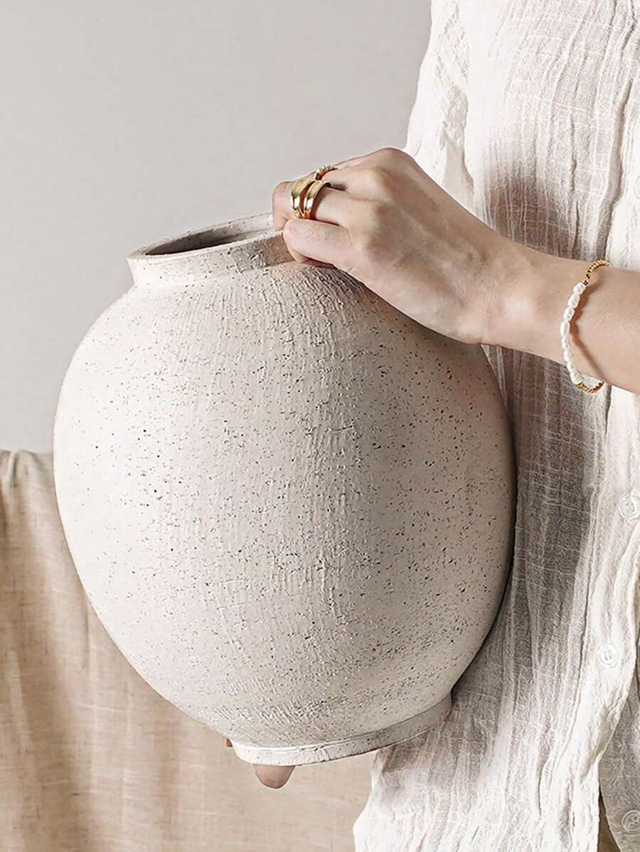 Large White Vase - 5.7 Inch Rustic Style Vase, Suitable For Home Decor, Minimalist Tall Vase, Can Be Used For Living Room, Dining Table, Bathroom, Holiday And Wedding (Sandstone White)