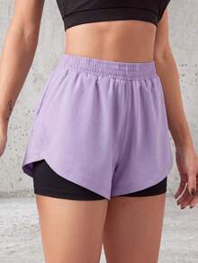 1pc Women's Shorts 2-In-1 Solid Color Lining 2 In 1 Sports Pants, Elastic Two Pieces Set, Suitable For Running, Sports, Yoga, Fitness In Summer - Purple - View 2