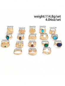 18pcs Vintage Personalized Geometric Metal Rings, Inlaid With Multicolor Rhinestones, Gold-Tone Stackable Knuckle Rings, Gift For Partner, Son, Friend - 18 Pieces - View 7