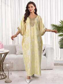 Women's Elegant Vintage Lace Trim Abaya Yellow Fall - Yellow - View 1