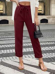 Jisfaneya Women's Casual Pants With Drawstring, Elastic Waistband, And Button Accents - Burgundy - View 4