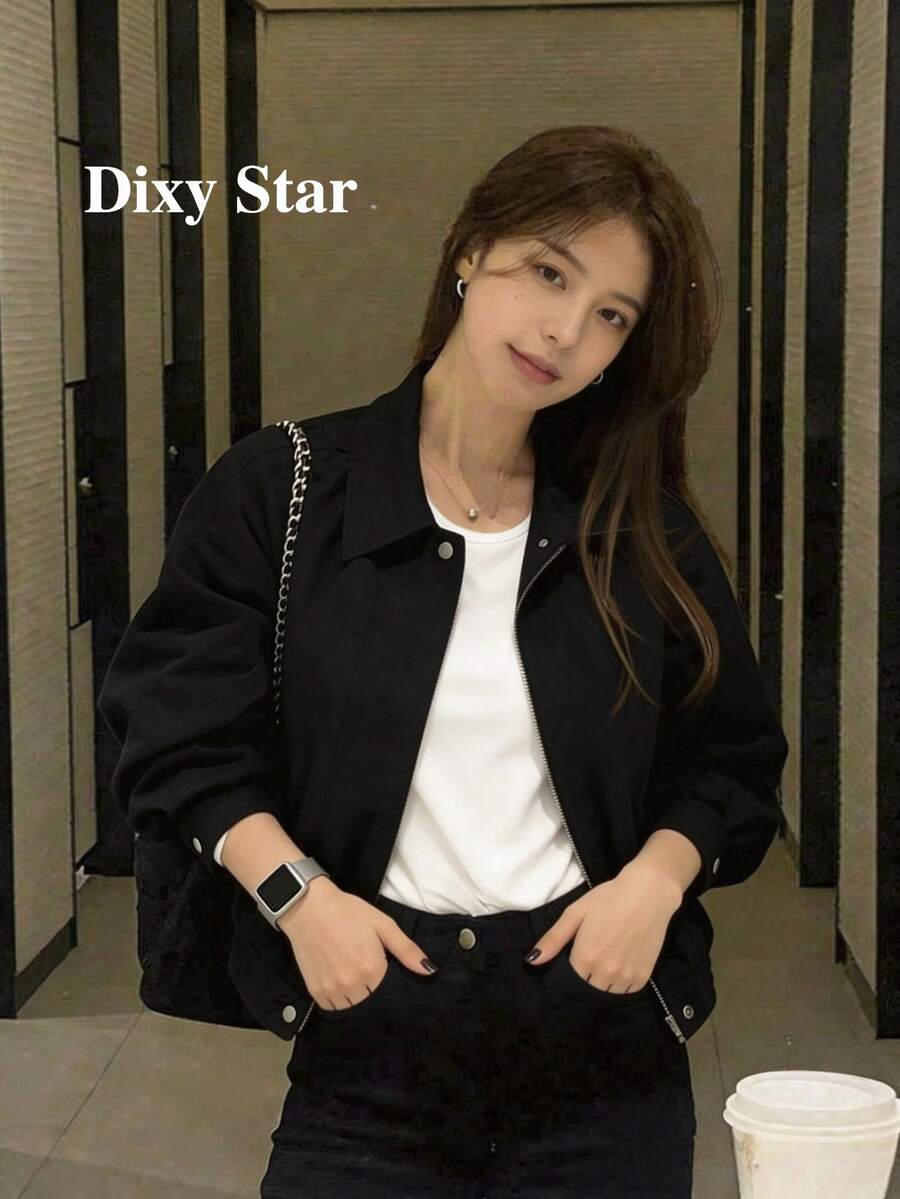 Premium Elegant Solid Color Short Jacket For Women, Small Plaid Minimalist Casual Versatile Workwear Top, Spring/Autumn New Arrival - Black - View 1