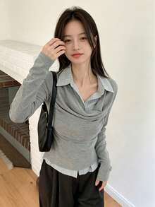 YCYC 女款韓系時尚百搭翻領修身顯瘦 2 合 1 垂領拼接條紋長袖襯衫 - 淺灰色 - 查看 1