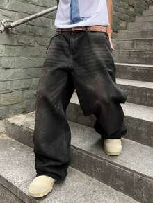 Impala Jeans Baggy para Hombre, Pantalón de Mezclilla de Ajuste Holgado, Diseño Desgastado Vintage, Pierna Ancha, Estilo Y2K Calle, Casual para Uso Diario, Moda Urbana Juvenil - Negro - Ver 3