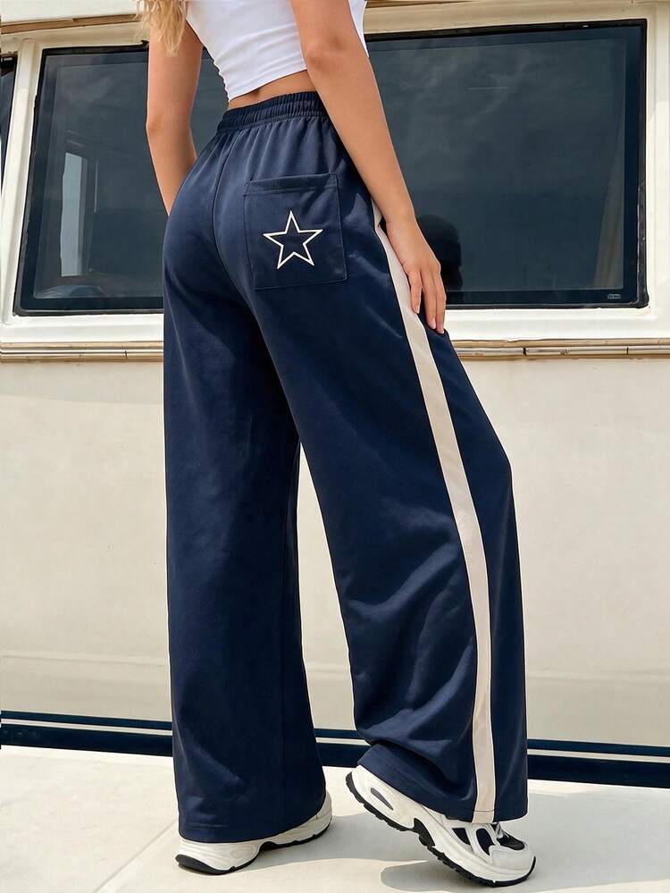 Women's Black Polyester Straight Leg Pants, Side Stripe And Star Embroidery, Long Drawstring Waistband, With Pockets - Blue - View 3