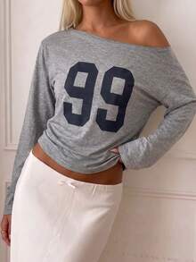 SCARLUX Fall Y2K Grey Asymmetric Off Shoulder Number Print Cotton Blend Long Sleeve Top, Basic Tee Ideal For Back To School, Business & Going Out - Light Grey - View 4