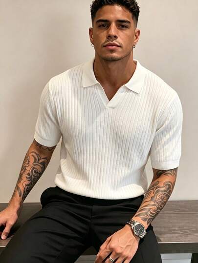Men's Summer Knit Sweater, Fashion Ribbed Solid Color Short Sleeve, Suitable For Casual Sports