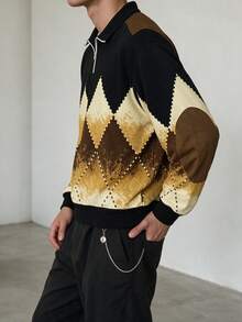 Men's Zippered Diamond Quilted Patchwork Casual Loose Fit Sweatshirt - Multicolor - View 4