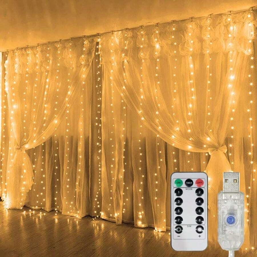 1pc Warm White LED Curtain Lights, 8 Modes, USB Powered, With Remote Control, Fairy String Lights, Perfect For Wedding, Christmas And Holiday Home Decor, Autumn Decoration