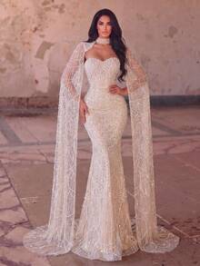 Elegant Strapless Mermaid Long Dress With Cape Sleeves, Beaded Embroidery, Slim Fit Party Wedding Fall - Champagne - View 5