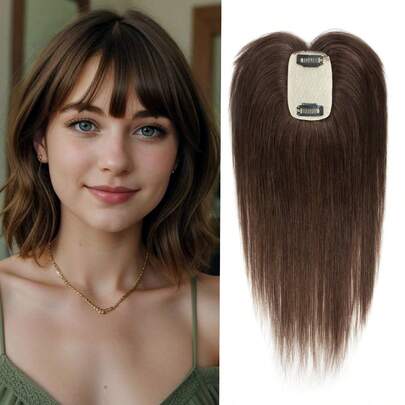 Top de cabello para mujer, peinado frontal 3D de 360°, cabello humano real, top de cabello para mujer con 2 clips, 5 cm x 9 cm, top de cabello de encaje invisible, extensiones de cabello para mujeres y niñas para uso diario, ahorra tiempo, fácil de instalar en casa sin pegamento.