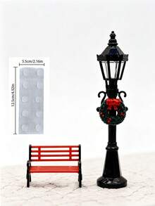 Mini Christmas Street Light & Park Bench Set, Holiday Use, Vintage Black Floral Lamp & Mini Wooden Bench, Winter Miniature Landscape 3D Decoration, Suitable For Christmas Tabletop Fairy Garden Decor - Multiple Styles - View 11
