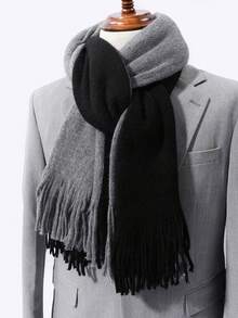 1Pc Men Black Grey Reversible Soft Knitted Warm Tassel Scarf Classic Business Winter Neck Scarf For Office Outdoor Daily - Multicolor - View 3