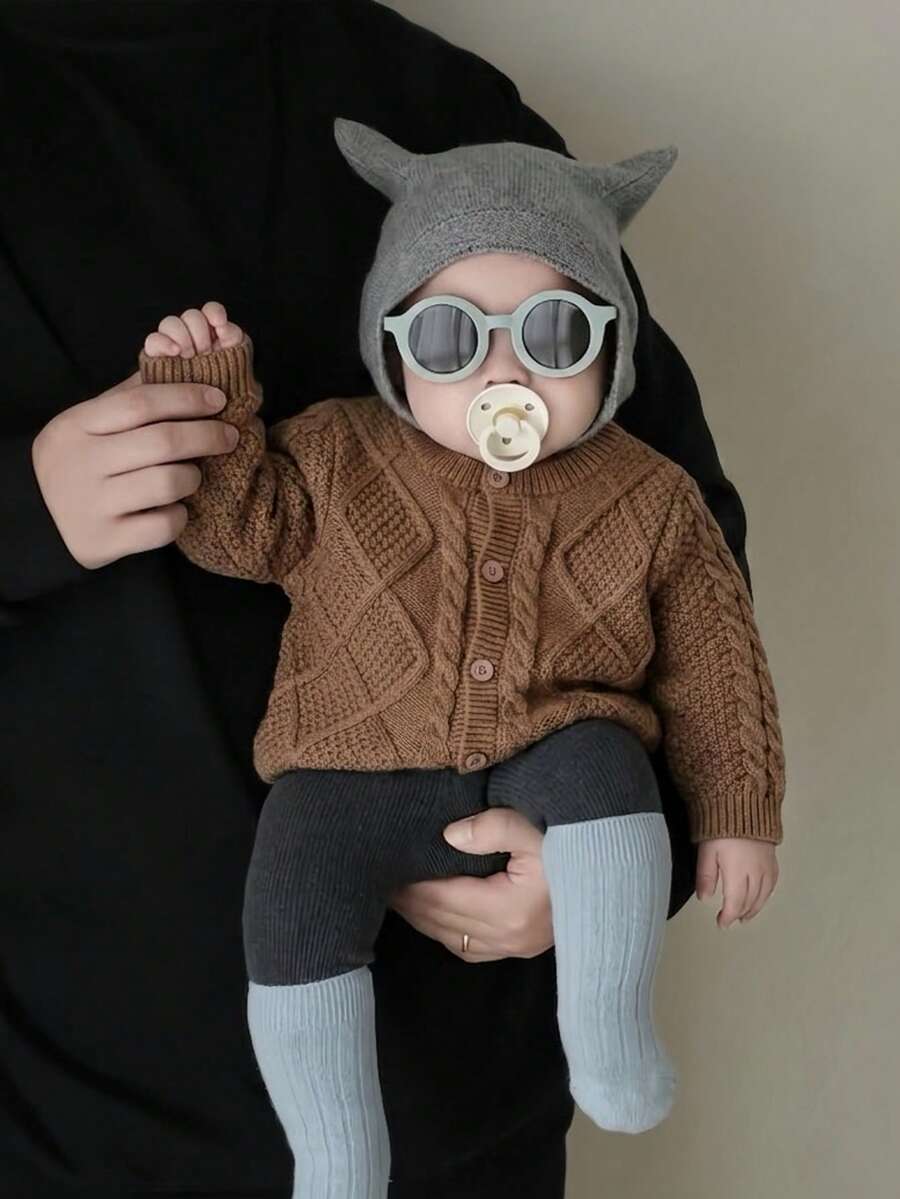 Baby Boy Preppy Solid Color Argyle Knit Cardigan Sweater, Suitable For School Daily Wear In Spring, Autumn And Winter - Brown - View 1