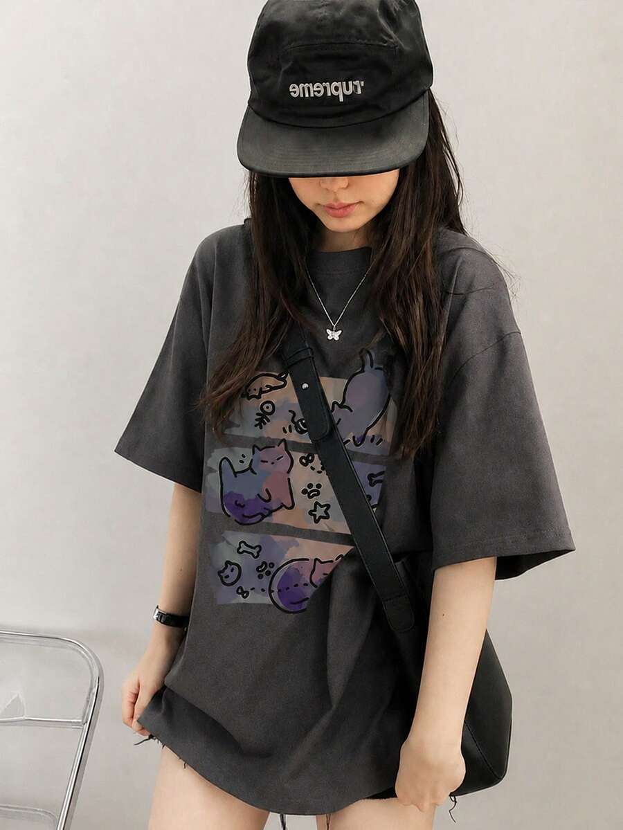 女士休闲宽松圆领卡通猫咪印花短袖T恤,春夏款 - 深灰色 - 查看 1