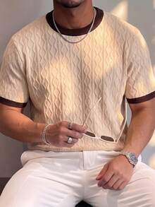 男士對比滾邊紋理針織圓領短袖T恤，休閒上衣 - 杏色 - 查看 1