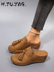 Elegant Fashion Women's New Wedge Heel Thick Sole Closed Toe Mule Slippers, Lightweight Comfortable Soft Sole For Home, Walking, Commuting, Spring And Autumn - Brown - View 2