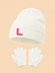 Set 2 Buah Topi Rajut Lipat Bergaris Putih dan Sarung Tangan Tanpa Jari, Bordir Huruf Personalisasi 26 Pilihan, Kain Elastis Ramah Kulit Dapat Dicuci, Cocok untuk Paduan Pakaian Musim Gugur/Musim Dingin Anak Perempuan - Putih - View 36