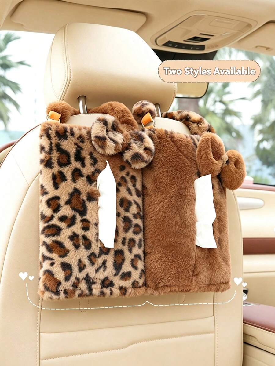 1pc Fashionable Leopard Print Hanging Tissue Bag, Plush Fabric With Pom Pom Decoration, Easy Hanging Installation For Convenient Access, Car Tissue Box, Women's Car Accessory, Home Decor Accessory, Car Seat Decoration, Dual Use For Home And Car