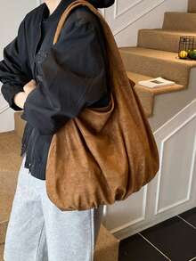 Women Shoulder Bag Hobo Bag Solid Color Fabric Soft Ruched Design Large Capacity Minimalist Style For Daily Work Shopping Ladies - Brown - View 4