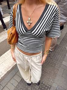 Women Striped V Neck Wrap Short Sleeve Crop Top, Casual Slim Fit Y2K Going‑Out Tee - Dark Grey - View 2