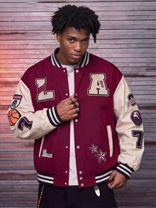 Men's Colorblock Patchwork Letter Embroidery Baseball Jacket, Autumn, Casual, Graduation, Back To School, Letter Varsity Jacket - Hot Pink - View 8