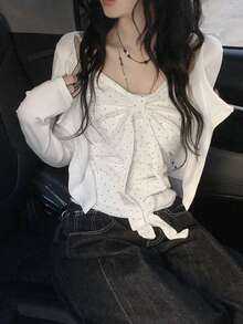 YCYC Korean Style Girl Polka Dot Ruffle Bow Camisole Top Long Sleeve Sun Protection Cardigan 2pcs Set - Apricot - View 2
