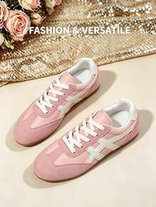 Women's Round Toe Colorblock Soft Sole Flat Lace-Up Style Retro Casual Sneakers For Spring And Autumn Daily Wear - Pink - View 1