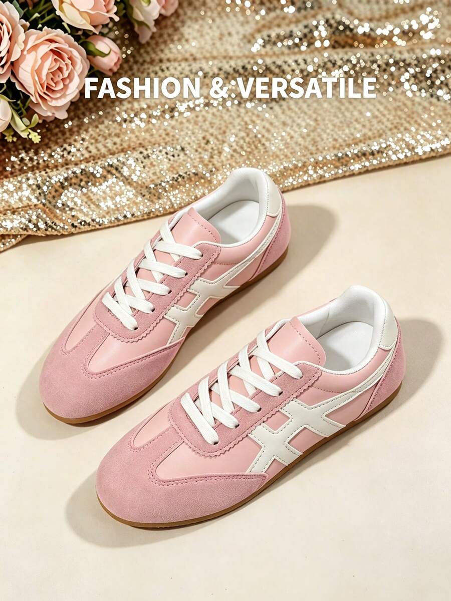 Women's Round Toe Colorblock Soft Sole Flat Lace-Up Style Retro Casual Sneakers For Spring And Autumn Daily Wear - Pink - View 1
