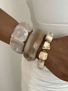 3pcs/Set Stackable Fashion Minimalist Elegant Exquisite Vintage Geometric White Resin Asymmetrical Marbled Pattern Beaded CCB Spliced Design Elastic Bracelet Chunky Wide Fat Bangle Set Holiday Vacation Party Date Gift Daily Commute Wear Personalized - Multicolor - View 4