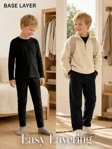 2pcs/Set Boys' Teen Winter Black Double-Sided Fleece Top And Pants Set, Suitable For Layering, Fits 4-14 Years Old - Black - View 5