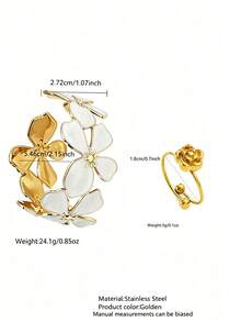 2PCS Minimalist Fashion Vintage Elegant Gentle Style Oil Drip Enamel Four-Petal Design Bracelet & Ring Set Stainless Steel Women's Jewelry Suitable For Daily Wear/Garden Party/Evening Event/Commute/Date/Valentine's Day Gift For Loved Ones - Yellow Gold - View 12