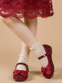 Fashionable & Beautiful Bow Girls' Autumn/Winter Flat Shiny Party Shoes - Burgundy - View 3