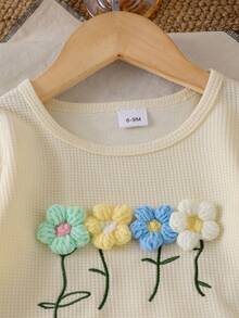 Baby Girl Spring/Autumn New Bohemian Style 2-Piece Set, 3D Multicolor Floral Round Neck Long Sleeve T-Shirt Top And Multicolor Floral Embroidered Denim Long Pants - Apricot - View 5