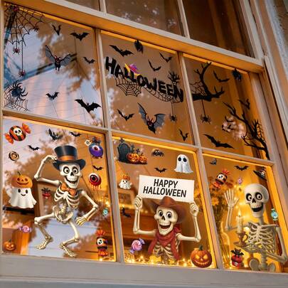 1 zestaw naklejek na okno z motywem Halloween, dekoracja ścienna z czaszką i nietoperzem, wielokrotnego użytku, elektrostatyczne, odpowiednie do domu, na imprezę, do wnętrz i na zewnątrz, do dekoracji świątecznych, zabawne naklejki elektrostatyczne bez śladu na Halloween, oryginalne naklejki na okna, naklejki na ścianę z motywem świątecznym, wystrój domu i sklepu, wzmocnienie atmosfery imprezy halloweenowej, dekoracja na imprezę tematyczną, odpowiednie na imprezę halloweenową, witrynę sklepową, dla miłośników dekoracji świątecznych