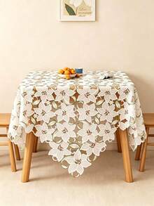 1pc Pink/White Floral Embroidered Hollow Tablecloth, Square Decorative Table Cover, Vintage Style Dining Table Home Decor, Suitable For Daily Home Decoration - White - View 2