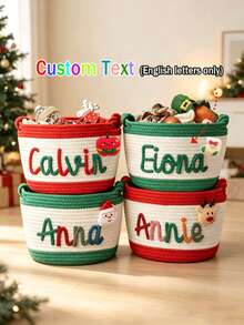 1pc Personalized Customized Christmas Basket Round Rope Storage Basket Holiday Gift Basket Holiday Storage Organizer Basket Knitted Rope Storage Bin - Multicolor - View 1