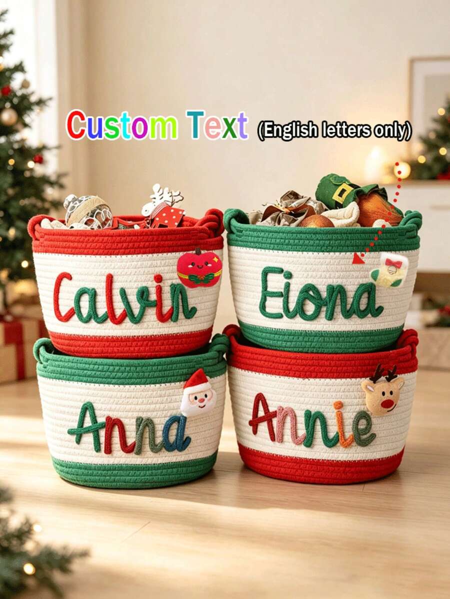 1pc Personalized Customized Christmas Basket Round Rope Storage Basket Holiday Gift Basket Holiday Storage Organizer Basket Knitted Rope Storage Bin - Multicolor - View 1