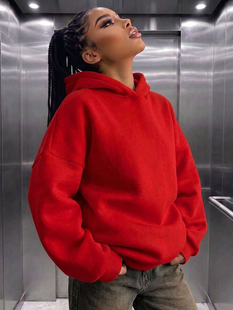 Women's Casual Fleece Loose Hooded Sweatshirt, Wardrobe Essential, Autumn/Winter , Simple Red Fall